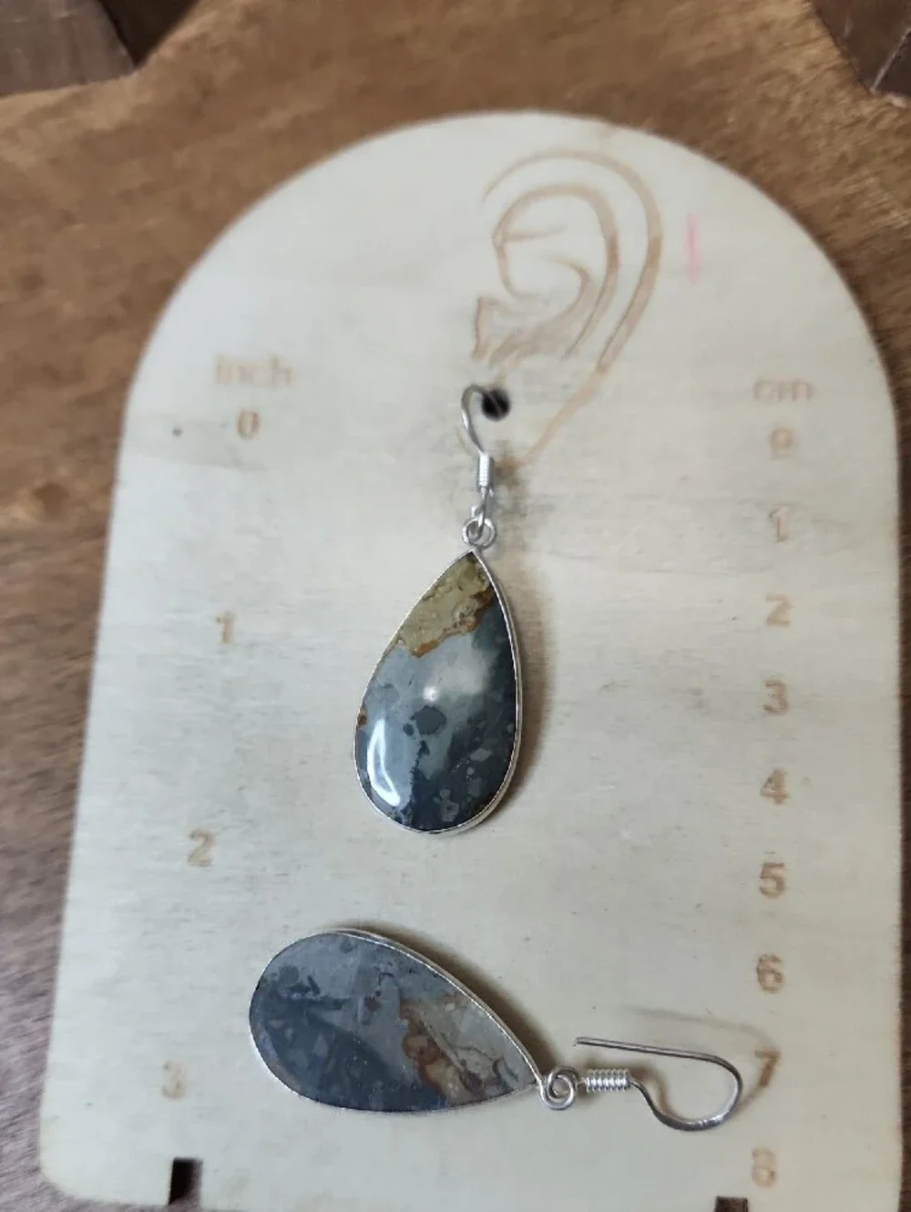 Teardrop Jasper Stone Dangle Earrings in Gray and Brown